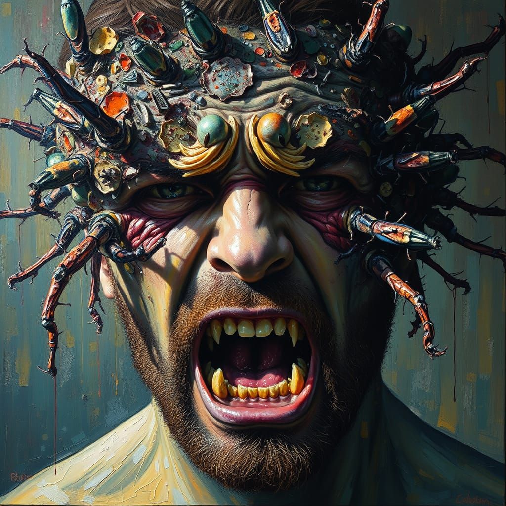 Man Embracing Fear in Neo-Impressionist Oil Painting