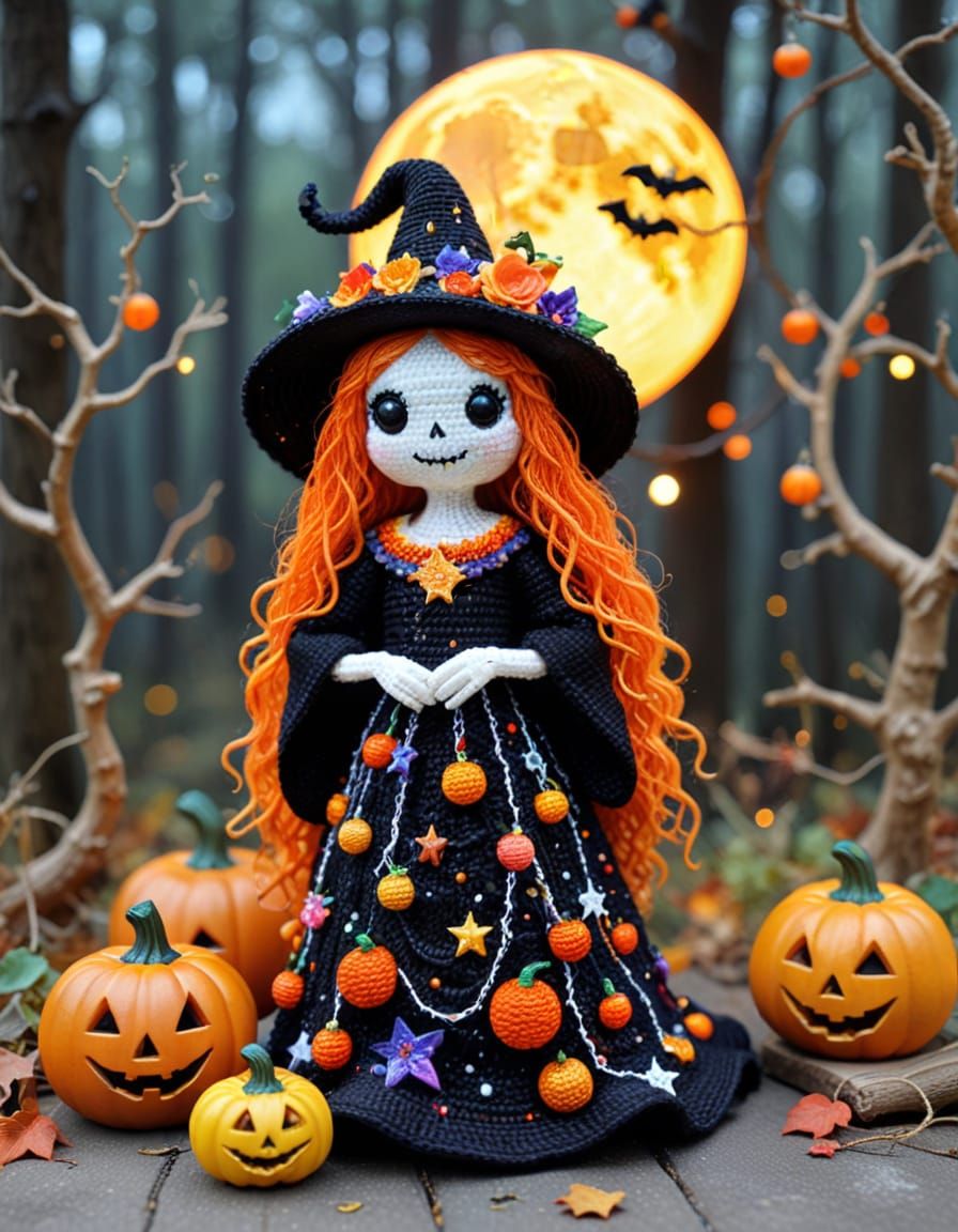 Klimt-Inspired Crochet Halloween Witch Under Starry Sky