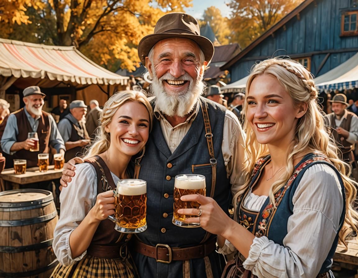 German Beer Garden Scene on Sunny Autumn Day