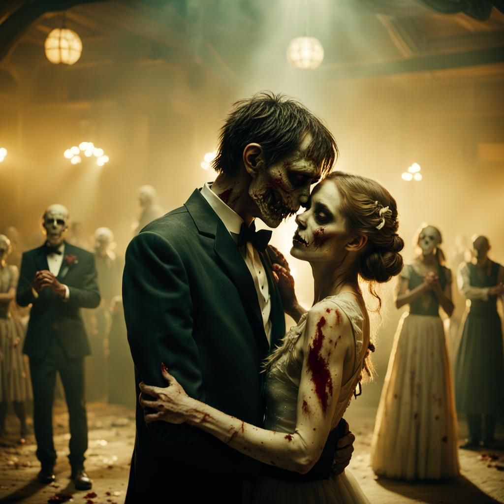 Zombie Couple's Romantic Dance in Horror Film Style