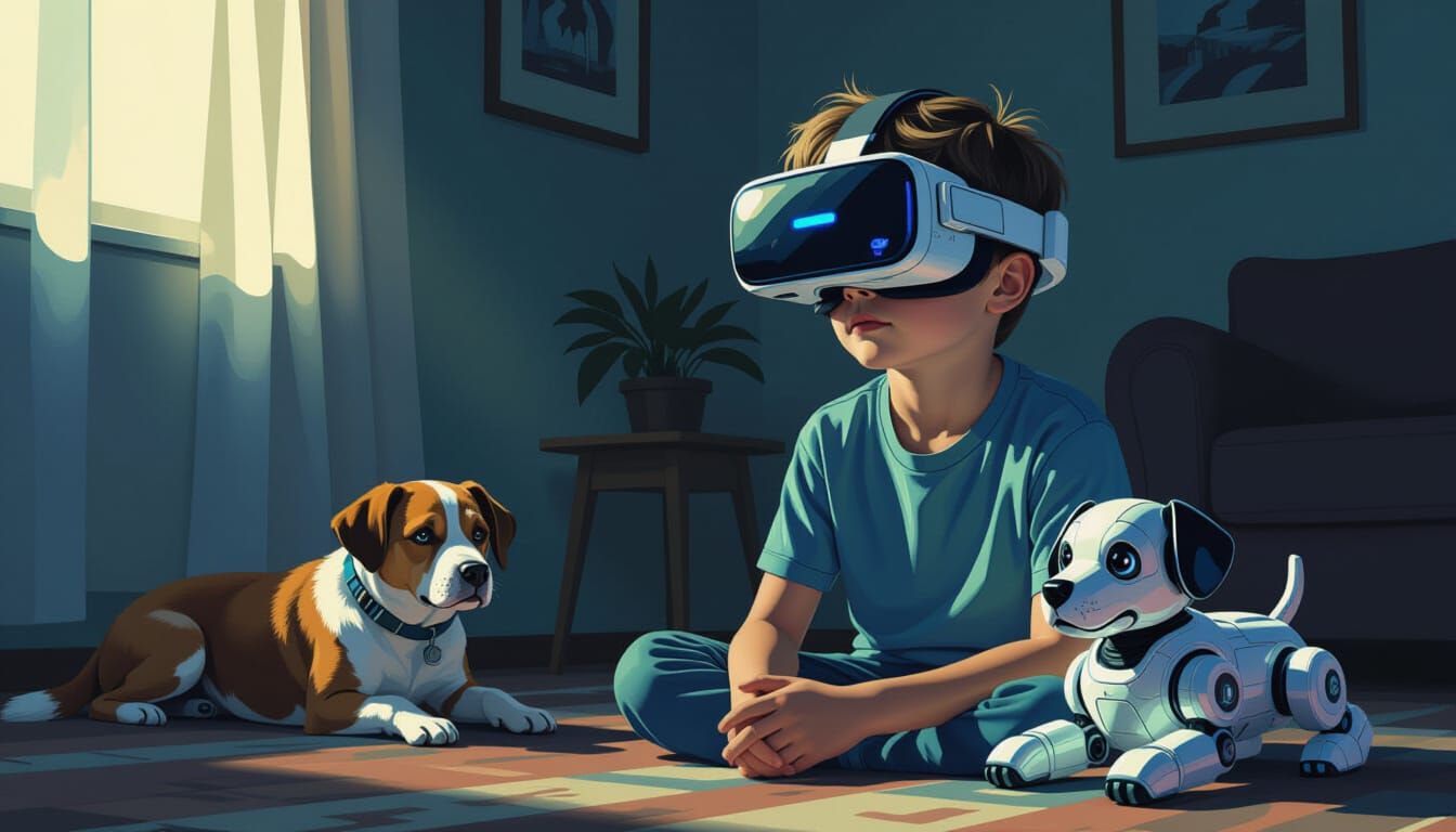 Child in VR with Robo-Dog Toy, Futuristic Style