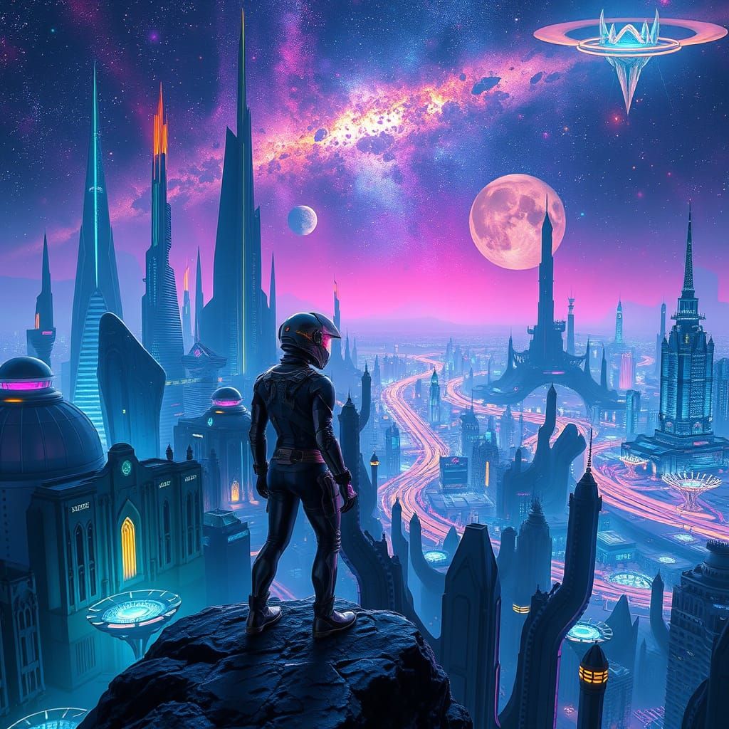Cosmic Dreamscape with Futuristic Cityscape and Mysterious F...