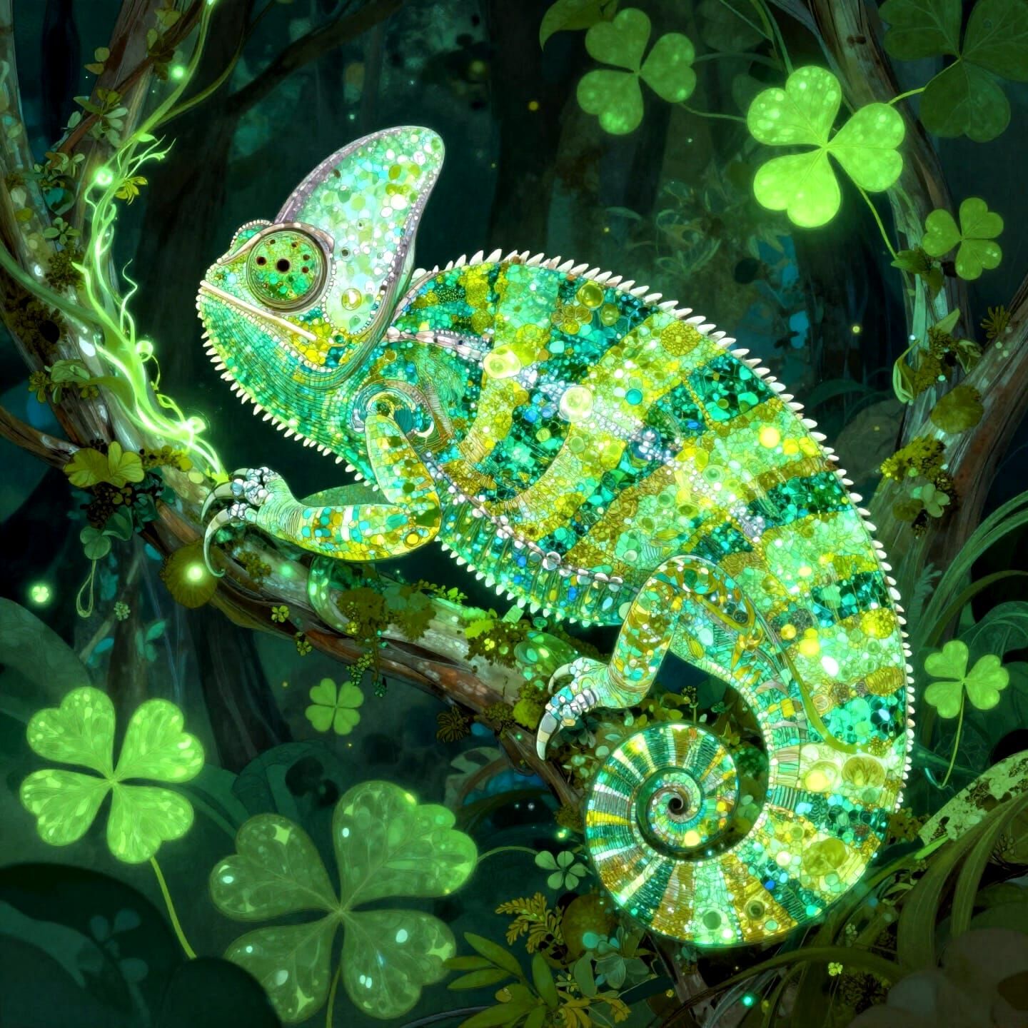 Emerald Crystal Chameleon in Enchanted Art Nouveau Forest
