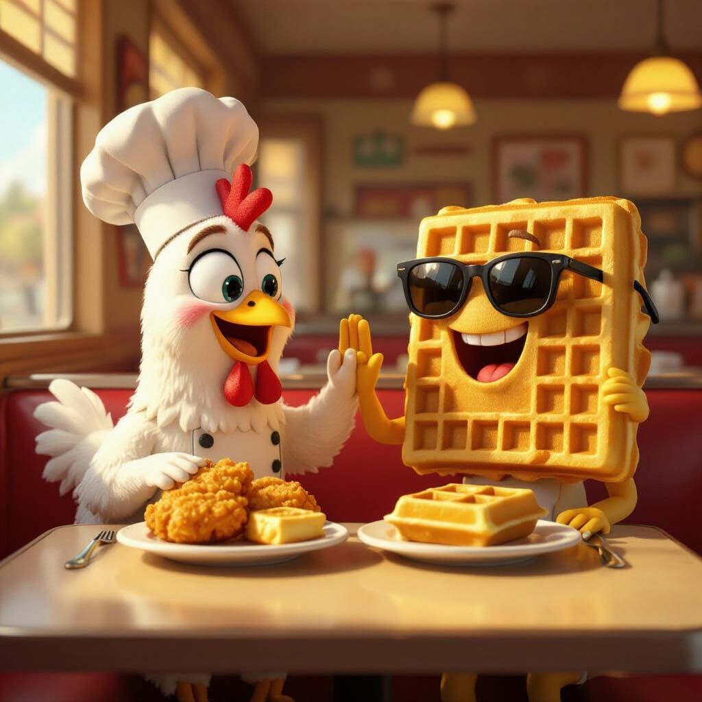 Cartoon Chicken and Waffle Friends Share Food