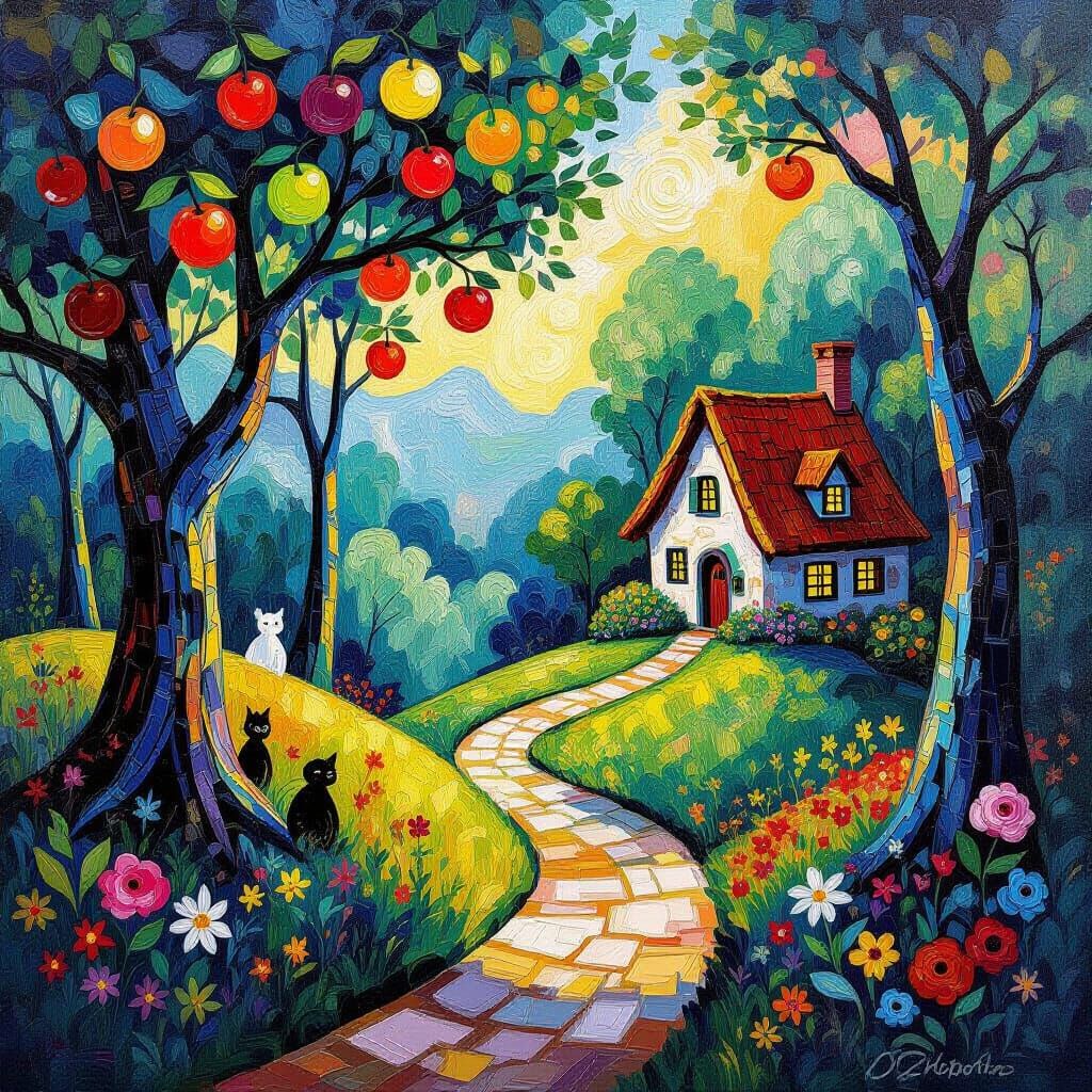 Dreamlike Landscape with Glowing Fruits and Storybook Cottag...