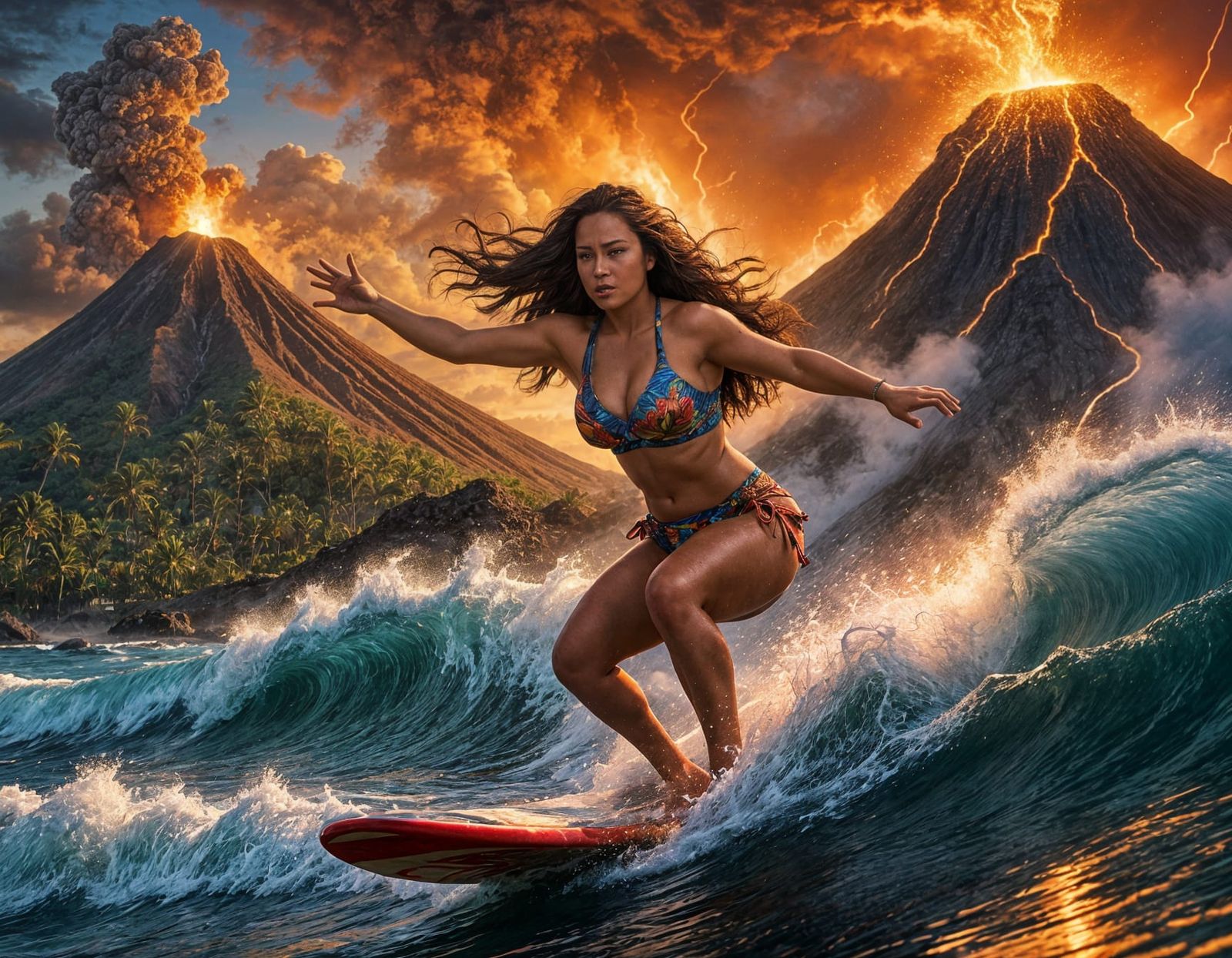 Volcanic Surf: Hyper-Realistic Hawaiian Woman Surfing
