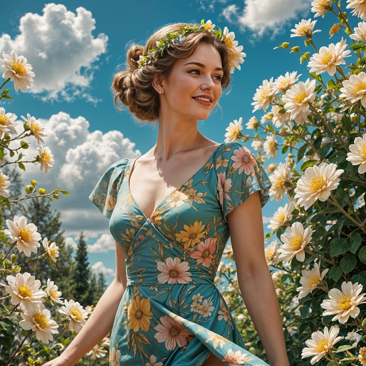 Vibrant Spring Goddess Pin-Up in Watercolor Style