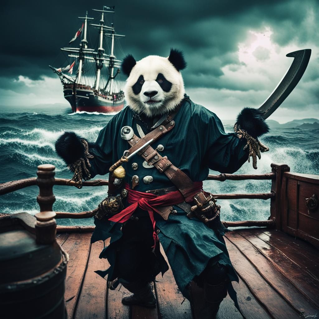 Drunken Panda Pirate vs Kraken on Stormy Sea