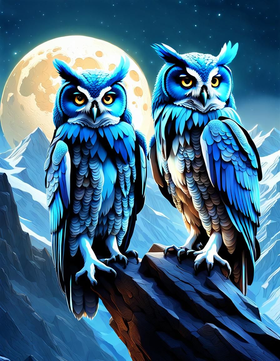 Blue Transparent Owls Chatting on Moon Mountains