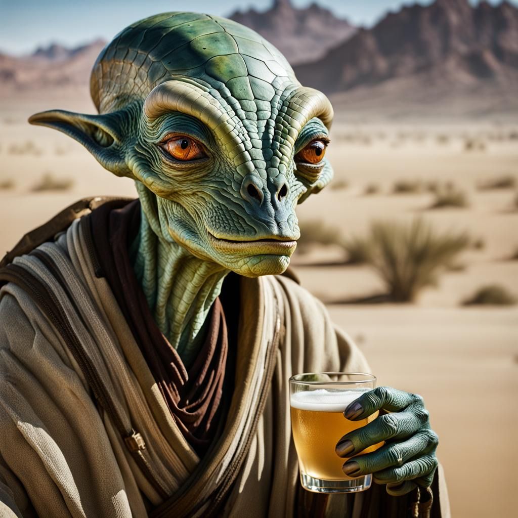 Reptilian Alien Drinks at Oasis in Cinematic Realism