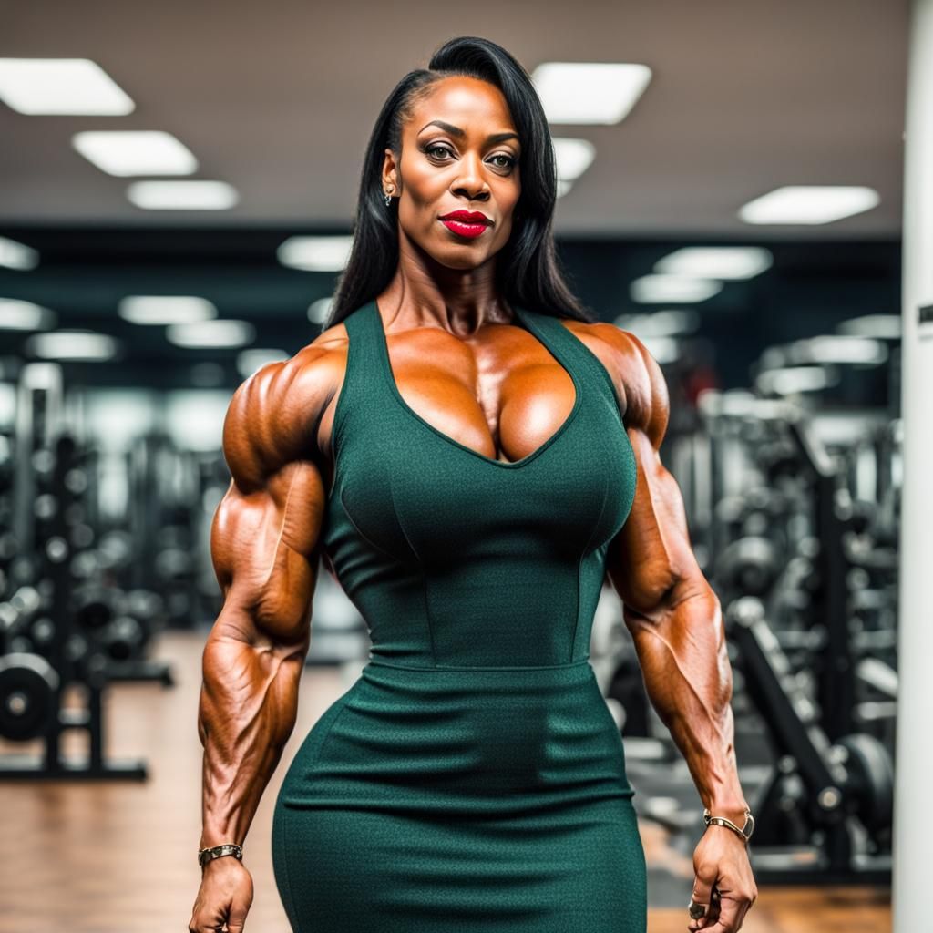 Confident Woman Bodybuilder in Green Tweed Dress