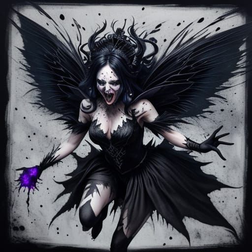 Conflicted dark fairy queen, fairy wings, black dress, wrestling with dark shadows, mouth open in a scream. ink splatter...