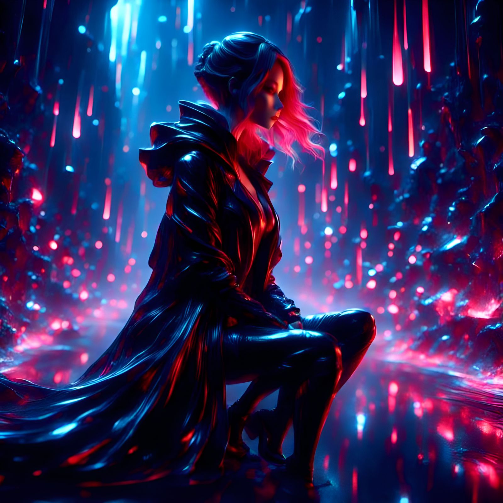 Anime Woman on Rooftop with Magic Elements