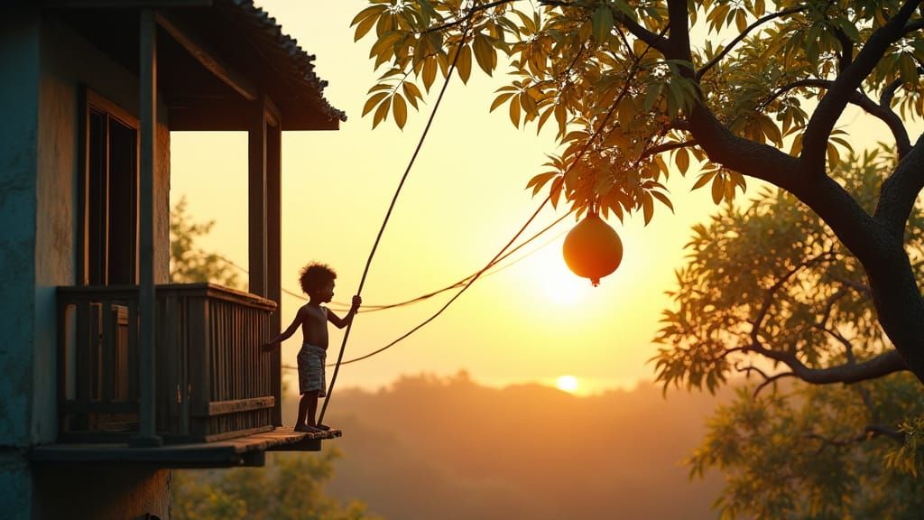 Child Reaching for Fruit in Cinematic Film Still
