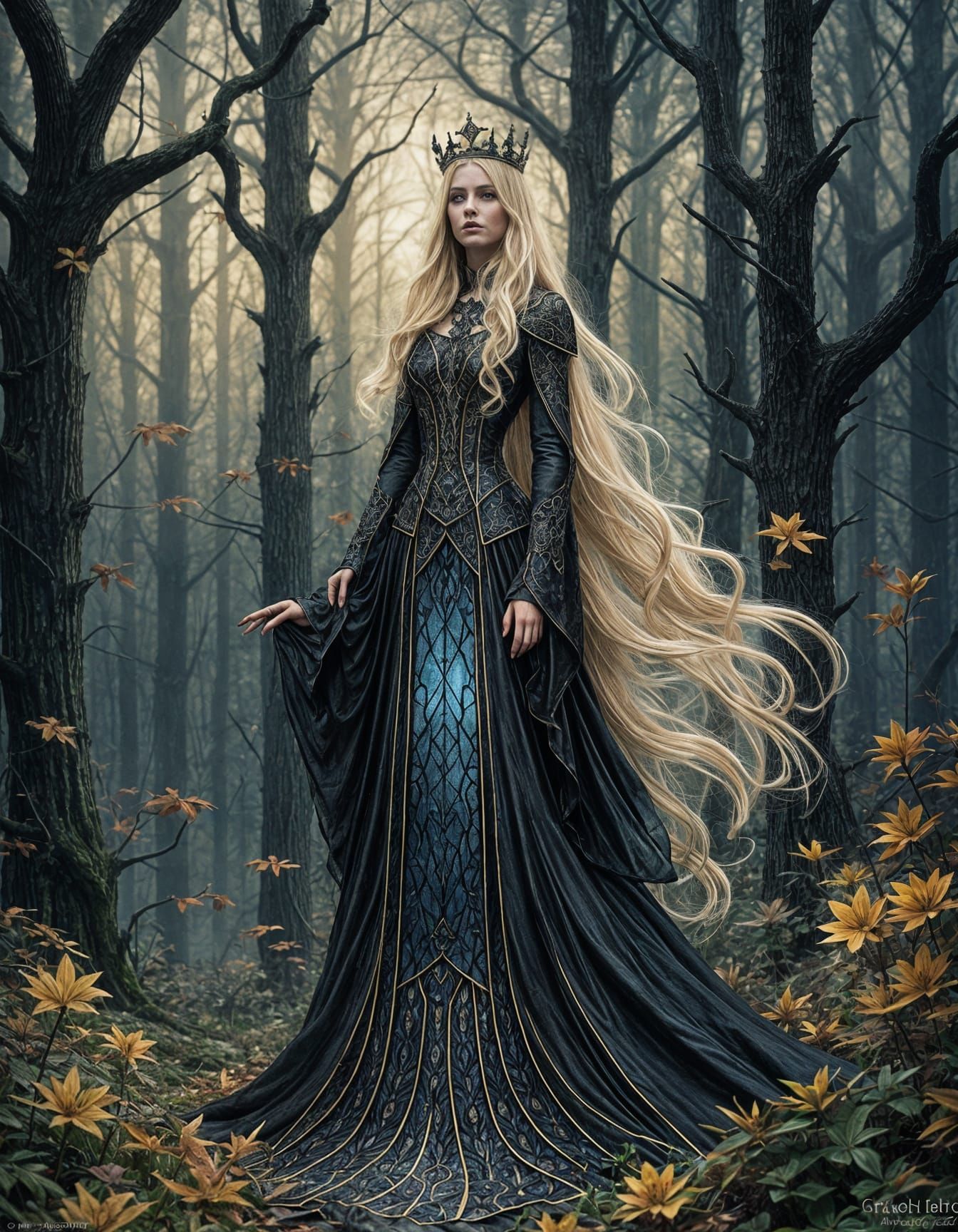 Gothic Queen with Stained Glass Gown in Dark Forest
