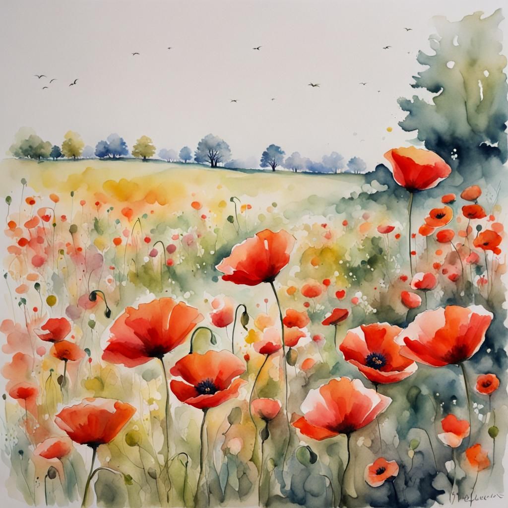 Poppy Field and Flowers in Watercolor Style