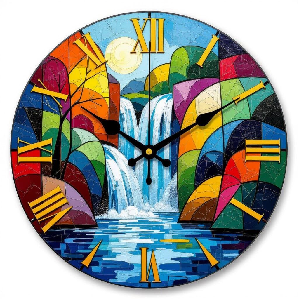 Waterfall Clock with Flowing Time in Cubist Style