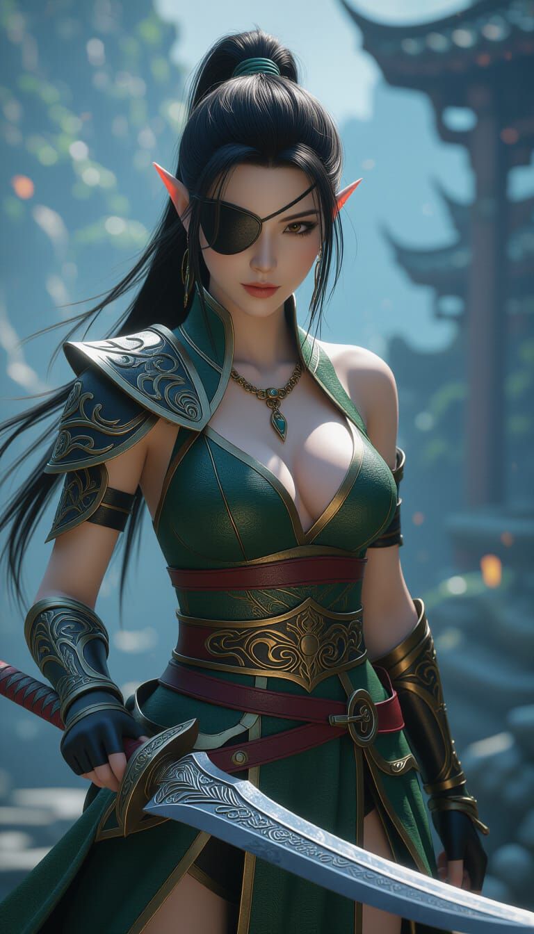 Asian Elf Warrior Woman with Scimitar in Fantasy Setting