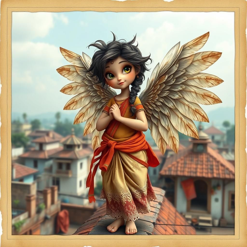 Bohemian Hindu Angel with Whimsical Feathers and Mischievous...