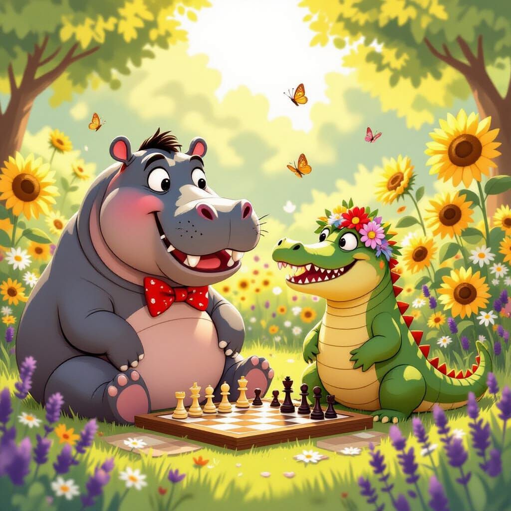 Hippo and Crocodile Chess Game in Garden Illustration