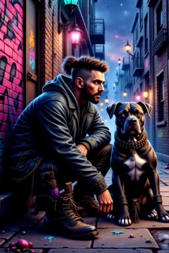Graffiti Artist and Dog Paint Mural in Dynamic Night Alley