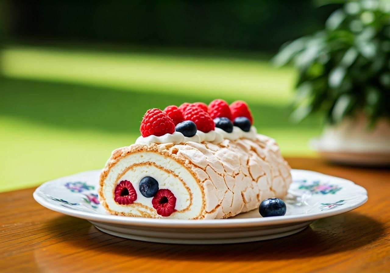 Exquisite Meringue Roll with Berries in Restaurant
