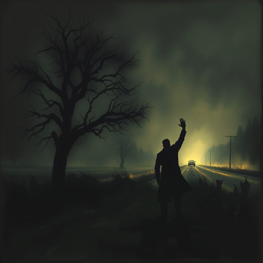 Ominous Night Road: Figure Flags Down Cars in Shadow
