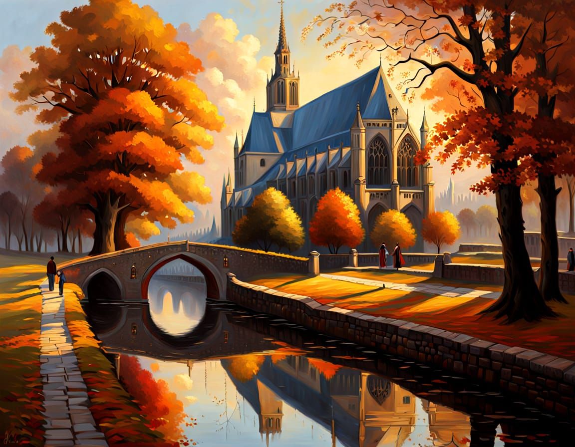 Old European House by Autumn Canal in Oil Painting Style