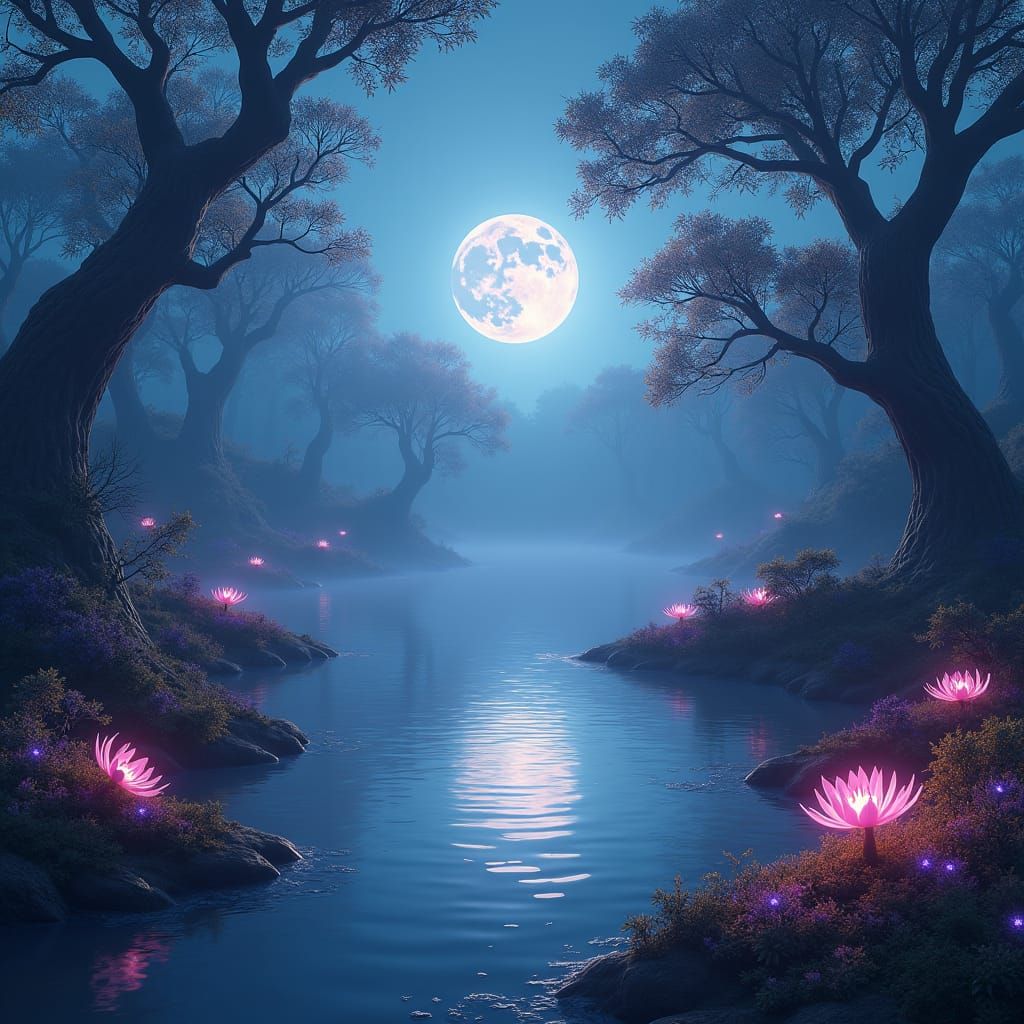 Mystical Moonlit Lake with Glowing Flora