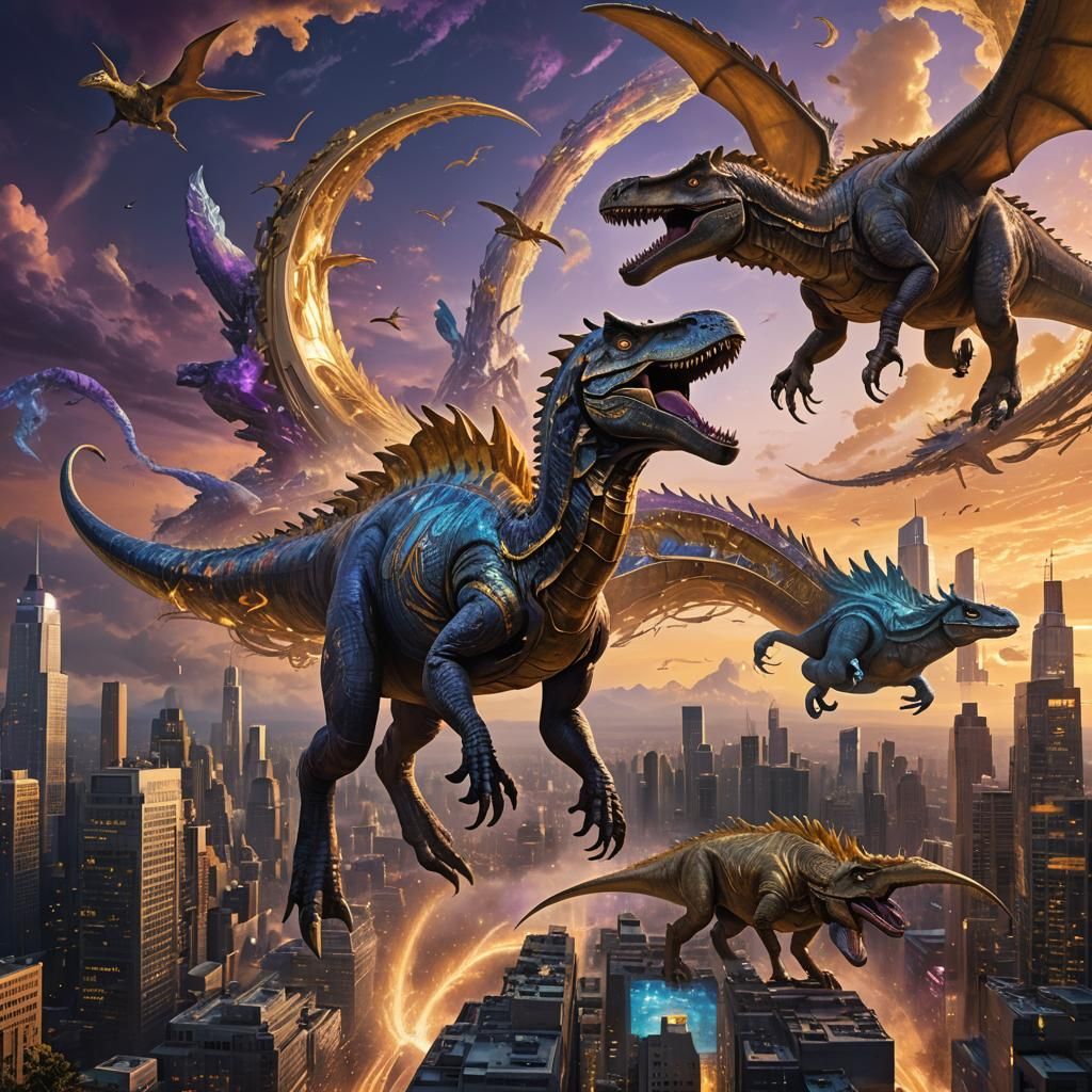 Golden Dinosaurs Descend on Futuristic Cityscape