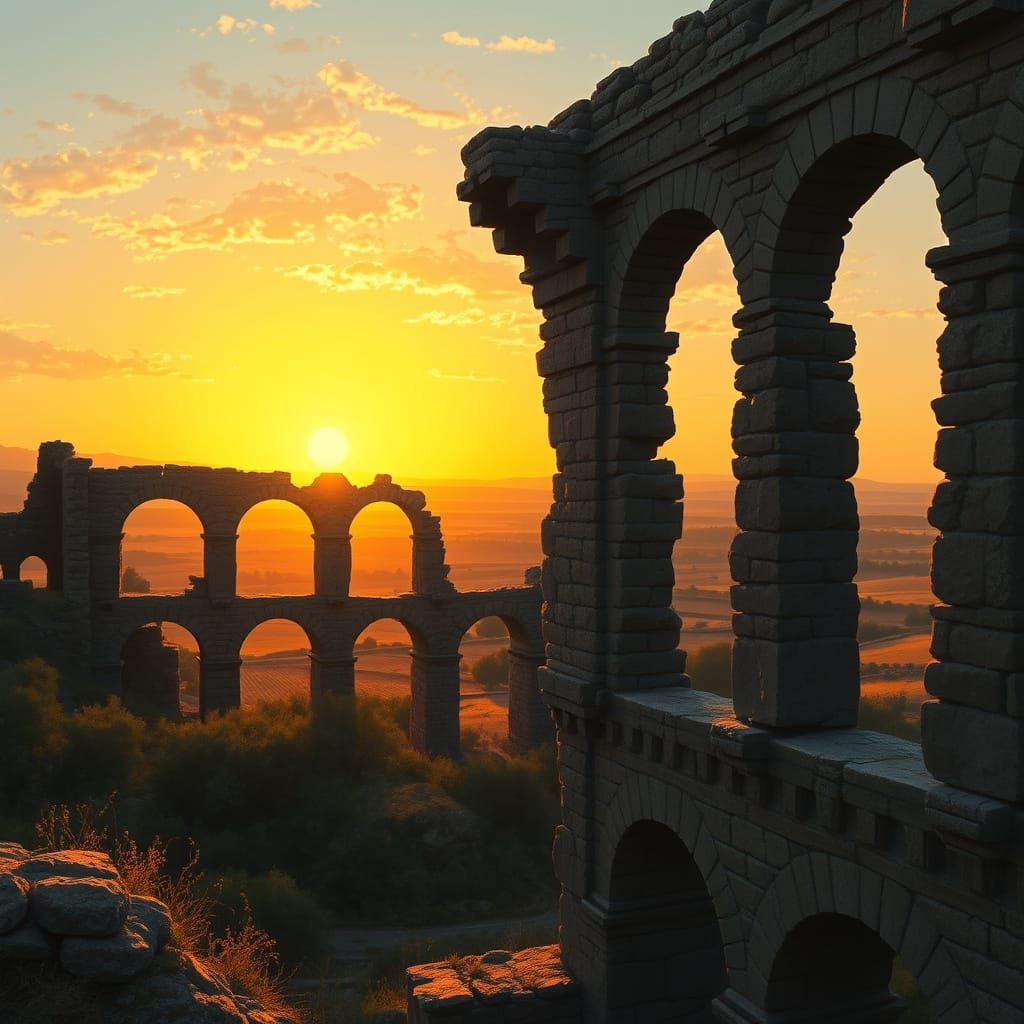 Ancient Roman Aqueduct Bridge in Golden Sunset Light