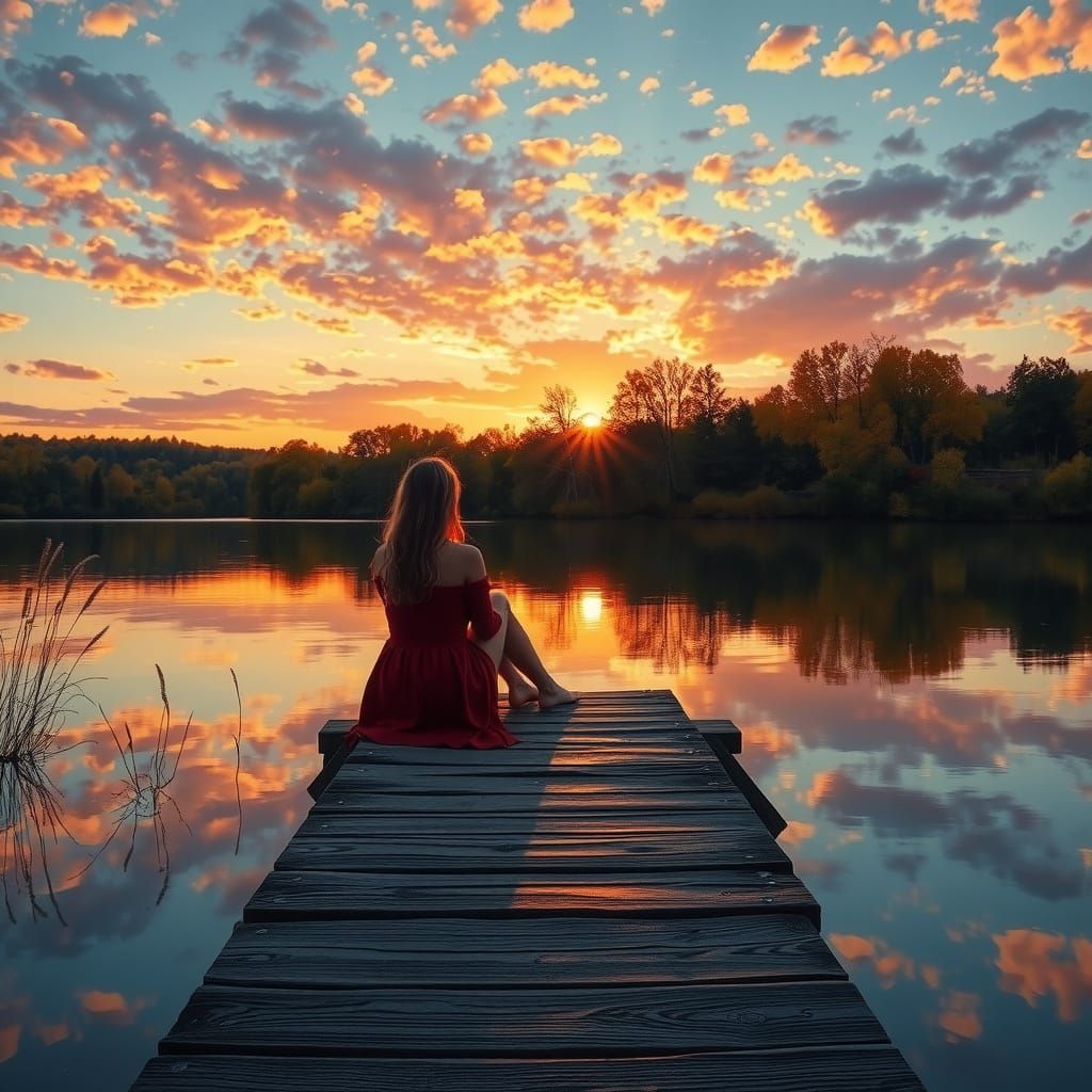 Serene Woman at Dusk on Dock, Golden Hour Reflections