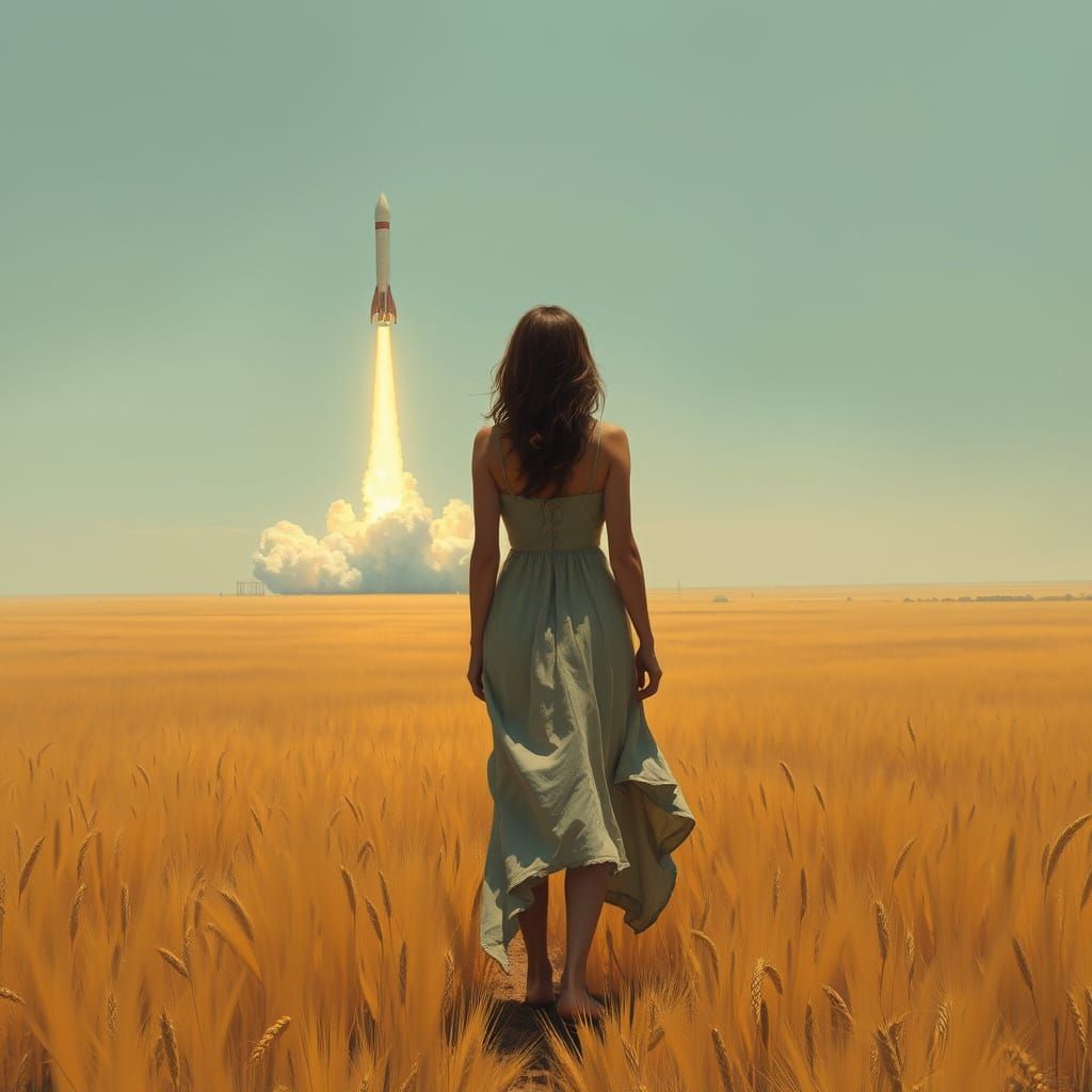 Woman Gazing at Rocket Launch in Open Field