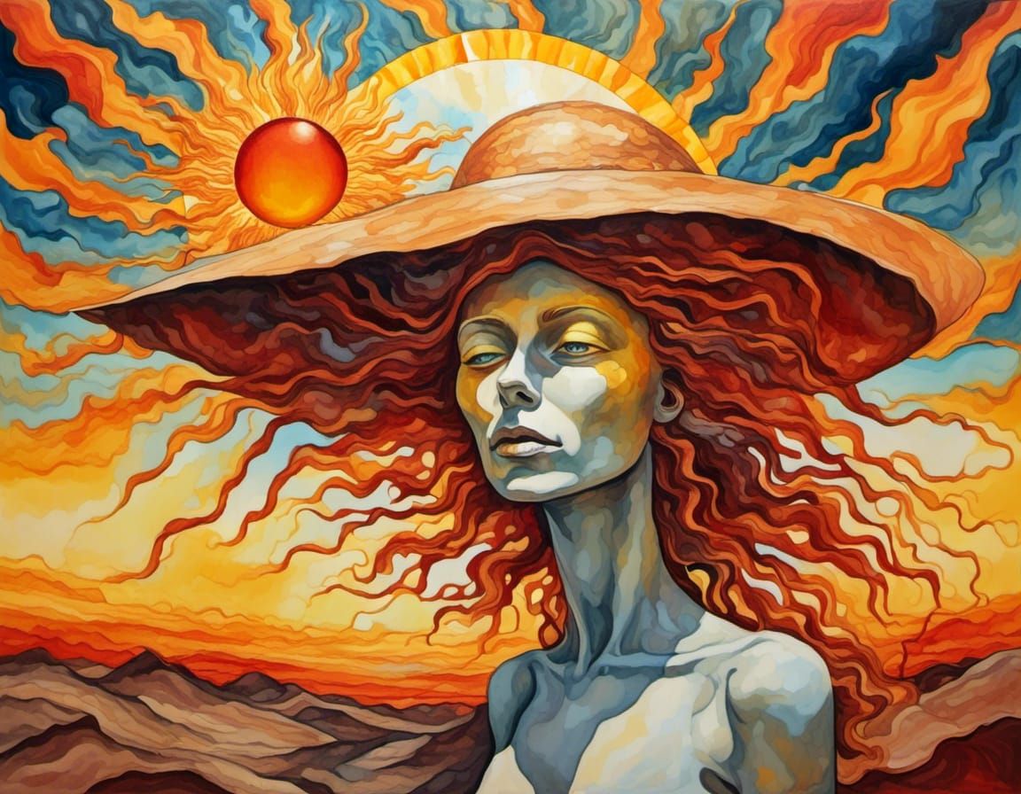 <lora:Hot Demonic Weather:1.0> Woman's head inside the sun w...