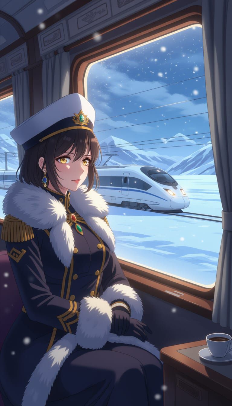 Anime Admiral in Luxury Train on Snowy Plains