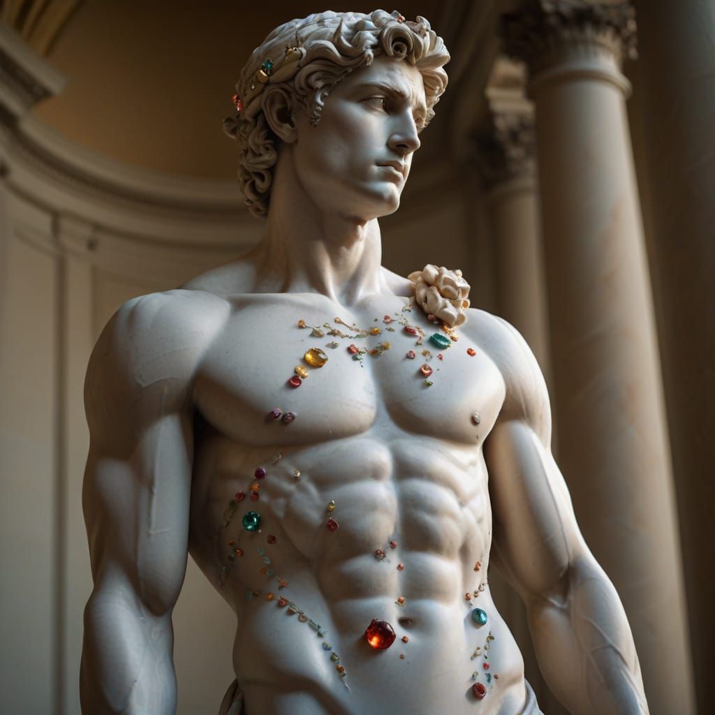 Classical Male Statue Adorned with Gemstones in a Grand Hall