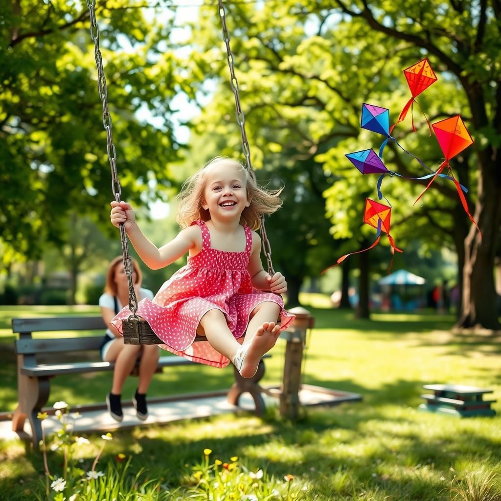 In a vibrant park bursting with life, a young girl with twin...