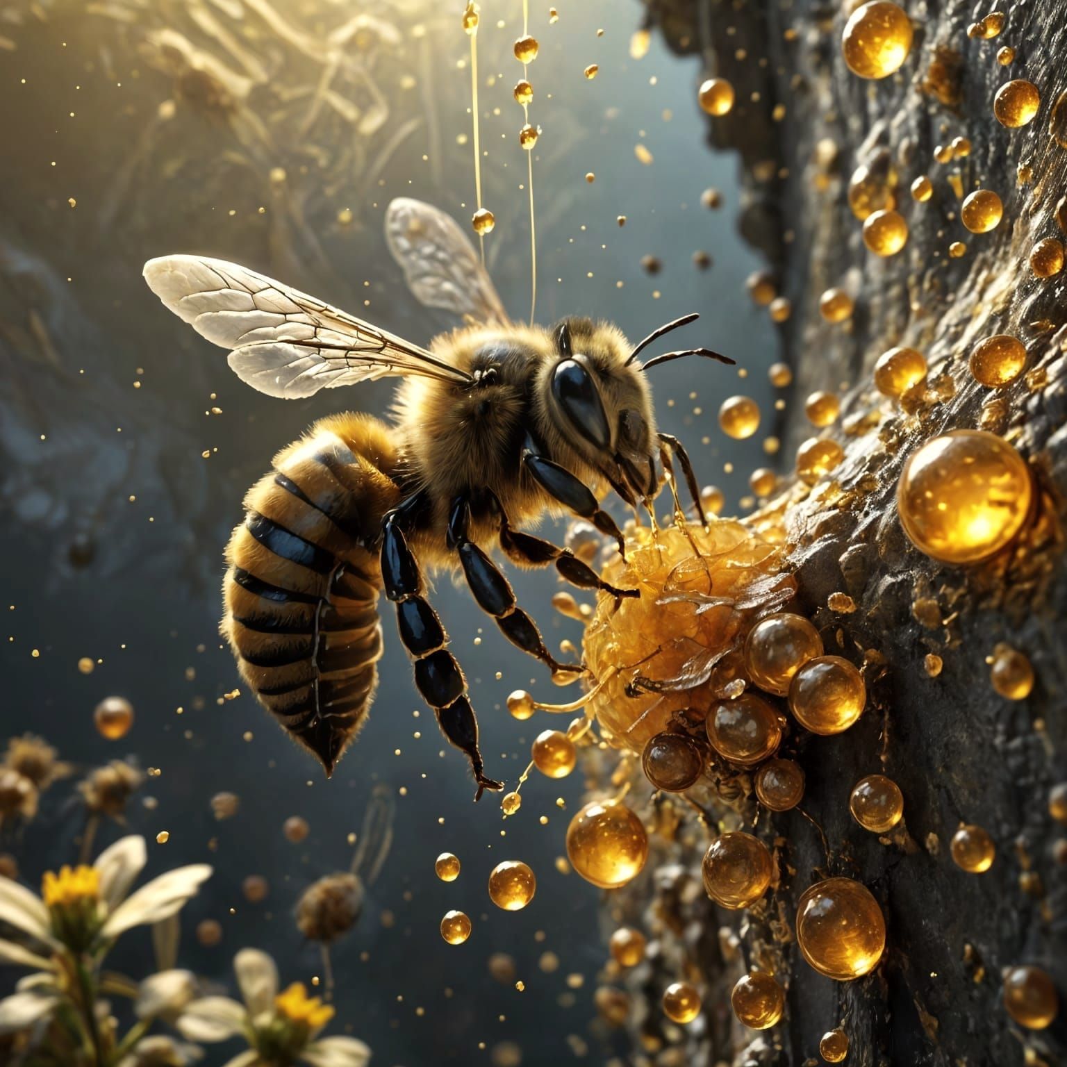 Golden Honeycomb Fragment with Intricately Detailed Bee