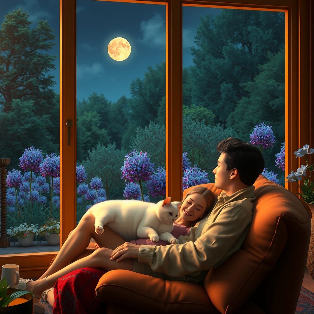 Couple with Cat in Moonlit Garden, Fantasy Art