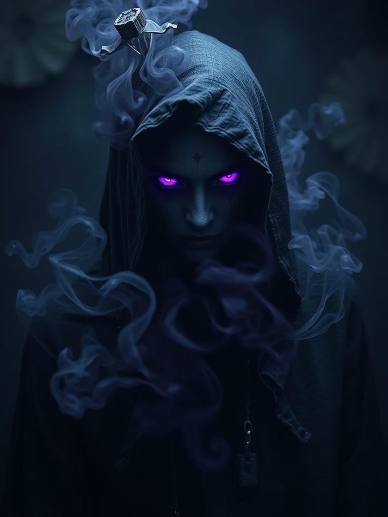 Mysterious Dark Figure with Purple Eyes in Haunting Style