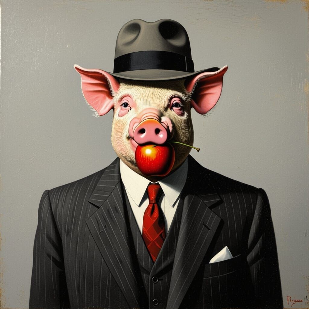 Surreal Pig-Faced Man with Apple, Magritte Style