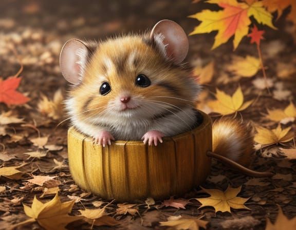 Cute Fluffy Mouse Oil Painting with Autumn Leaves