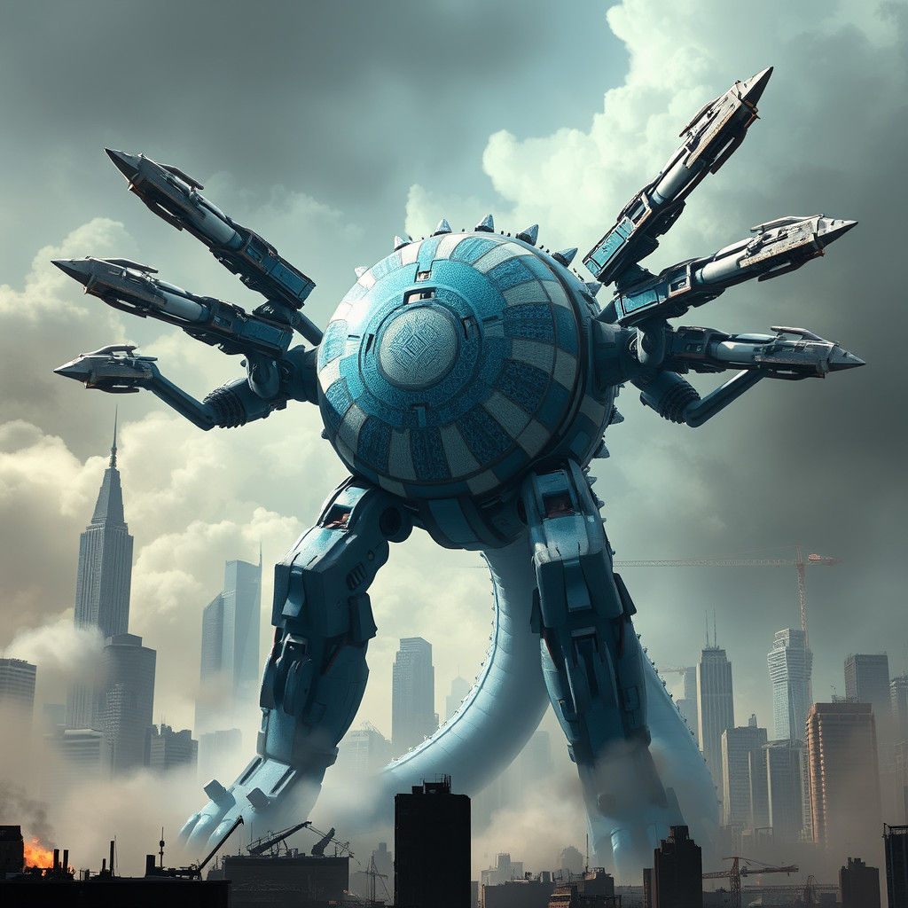Sky Golem: Mechanical Monster in Ruined Cityscape