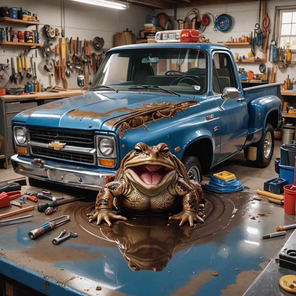 Toad Mechanic Working on Truck, Hyperrealistic Art