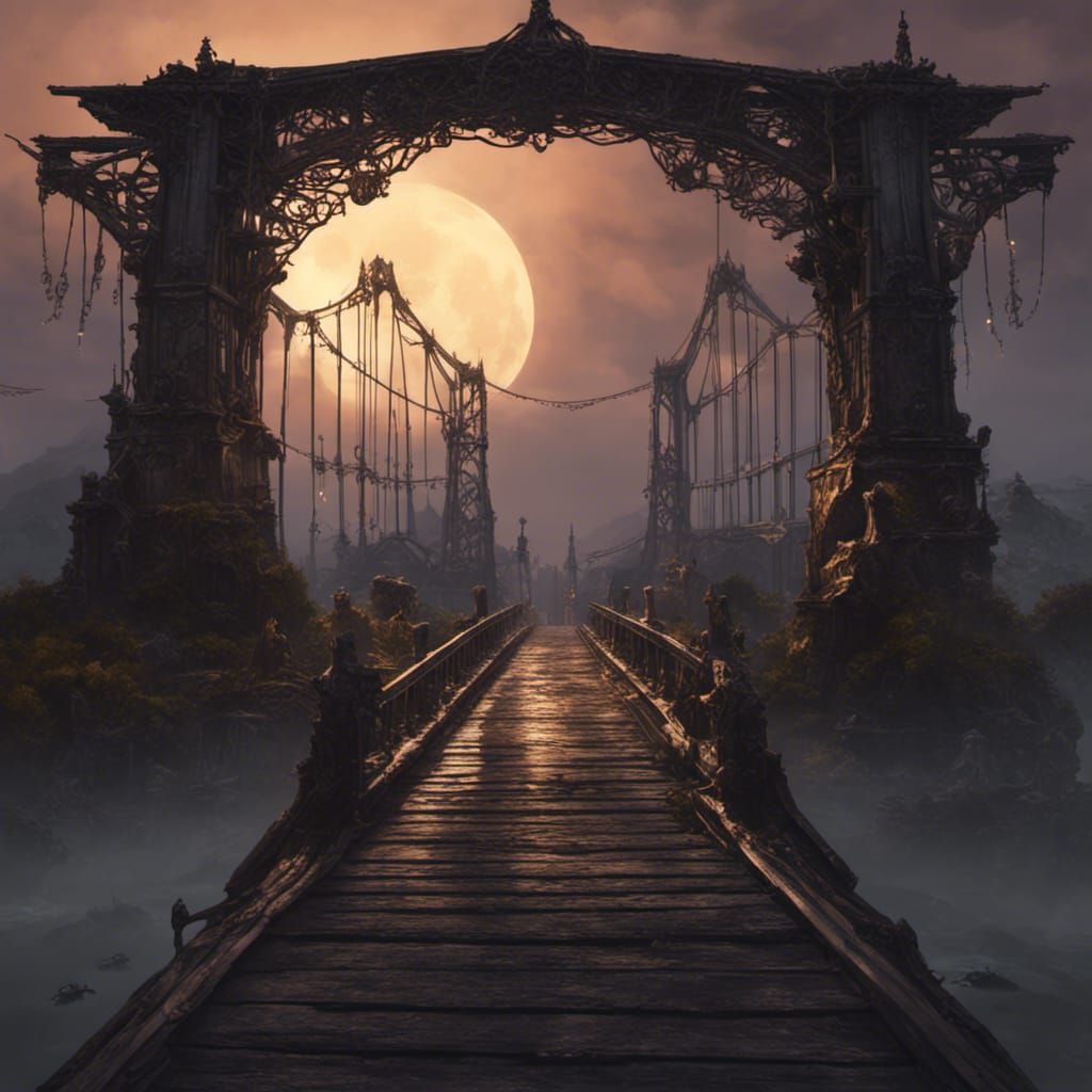 Skeletal Bridge at Dusk: Dark Fantasy Concept Art
