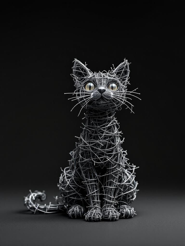 Barbed Wire Cat Sculpture in Macro Photo Style