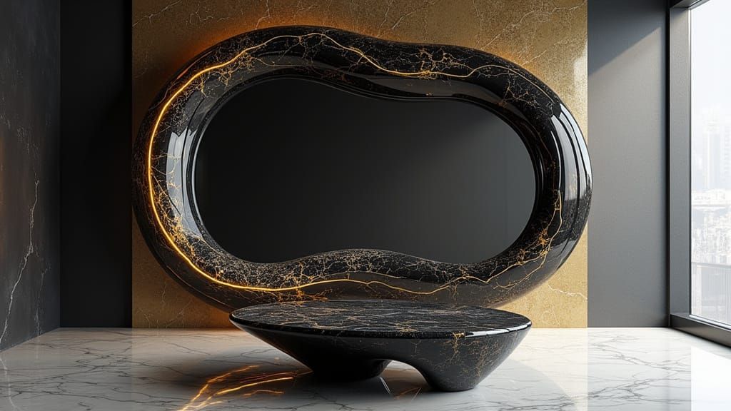 Elegant Futuristic Mirror and Coffee Table in Black Marble w...