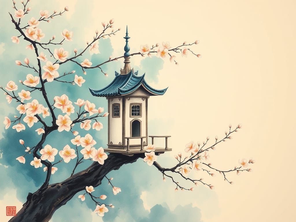 Sakura Birdhouse: Chinese Ink Painting in Indigo Hues