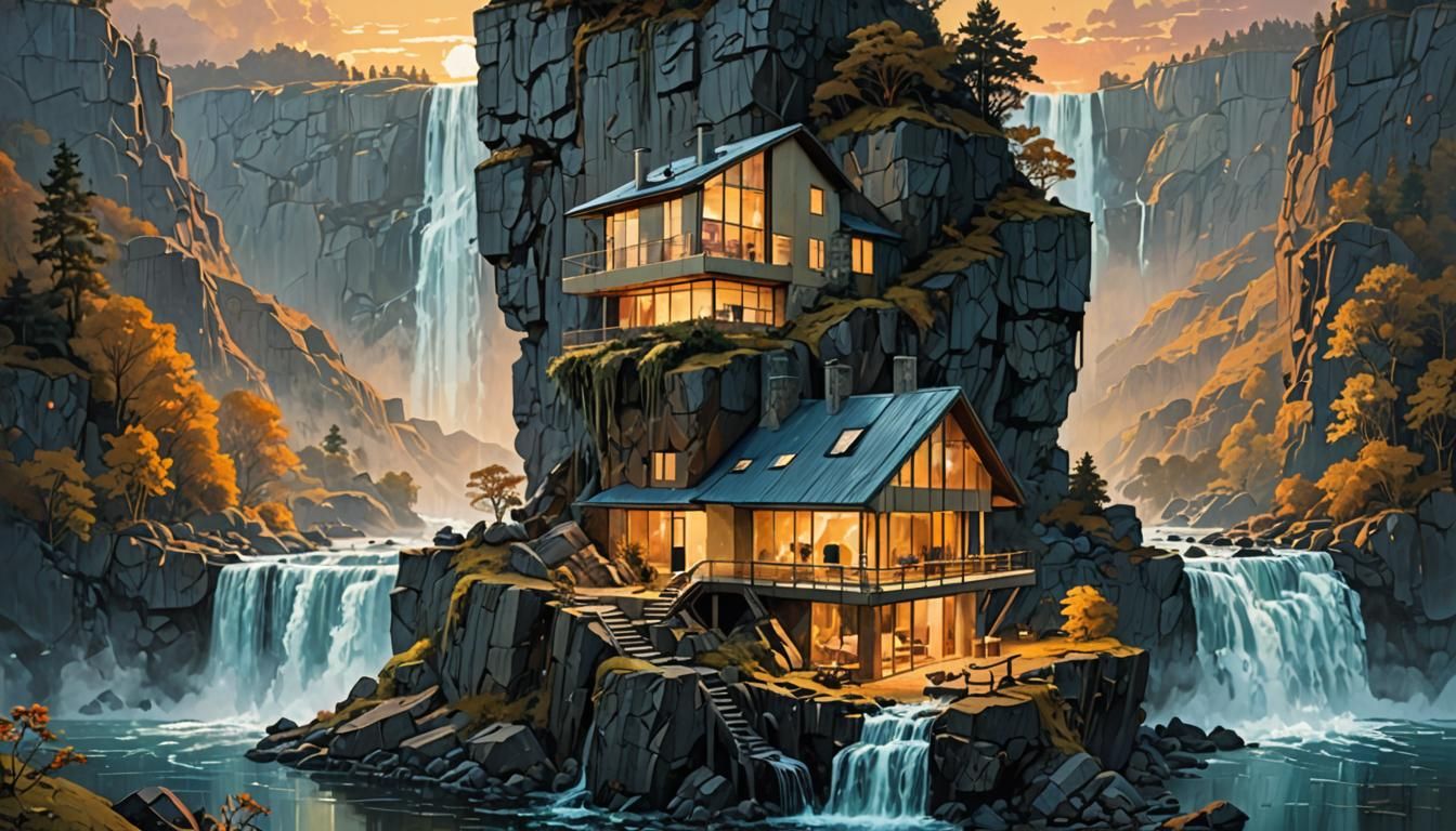 Cliffside House by Waterfall in Hypermodern Splash Art