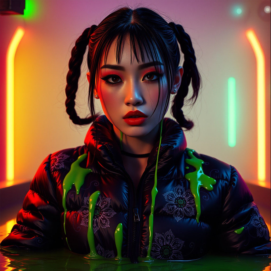 Korean Goth Woman Sinking in Green Slime